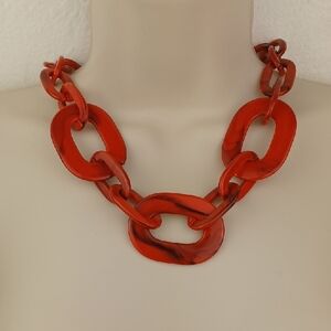 Bold Red Lucite Like Black Marbled Chunky Chain-Link Necklace & Earrings